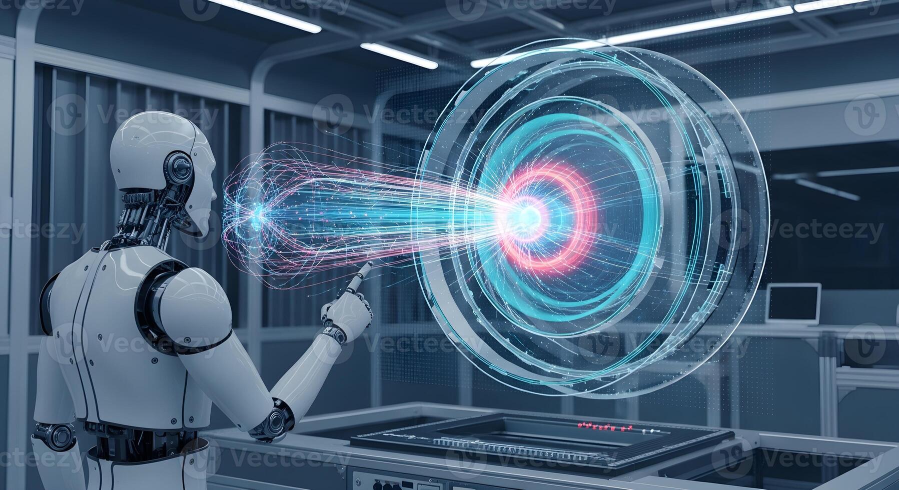 An AI physicist analyzing a particle collision in a holographic simulator photo