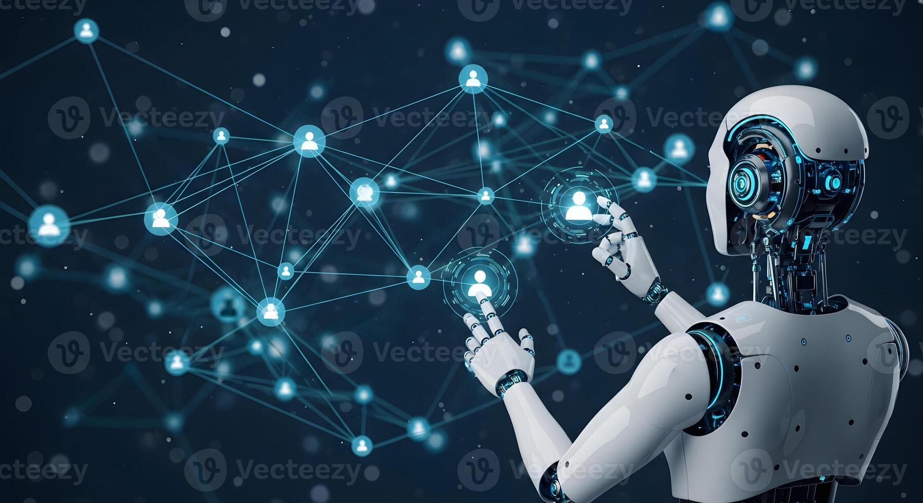 An AI robot analyzing a complex social network graph, a concept for data science, social media analytics, understanding community structures, and identifying key influencers within a network photo