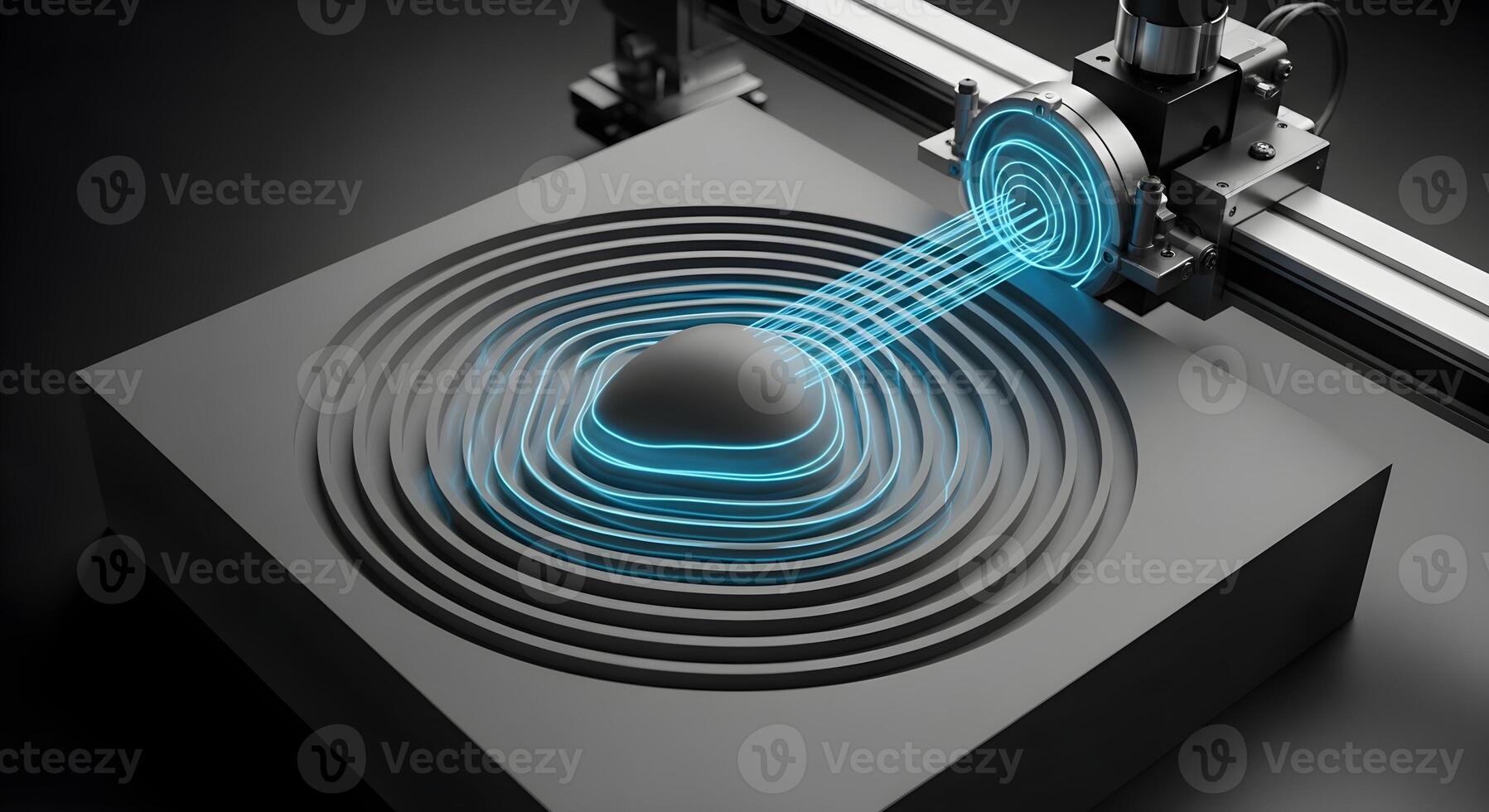 The art of sonic data sculpting, showing a robot carving a data block with sound waves. A futuristic concept for non-physical interaction, advanced manufacturing, and innovative data manipulation. photo