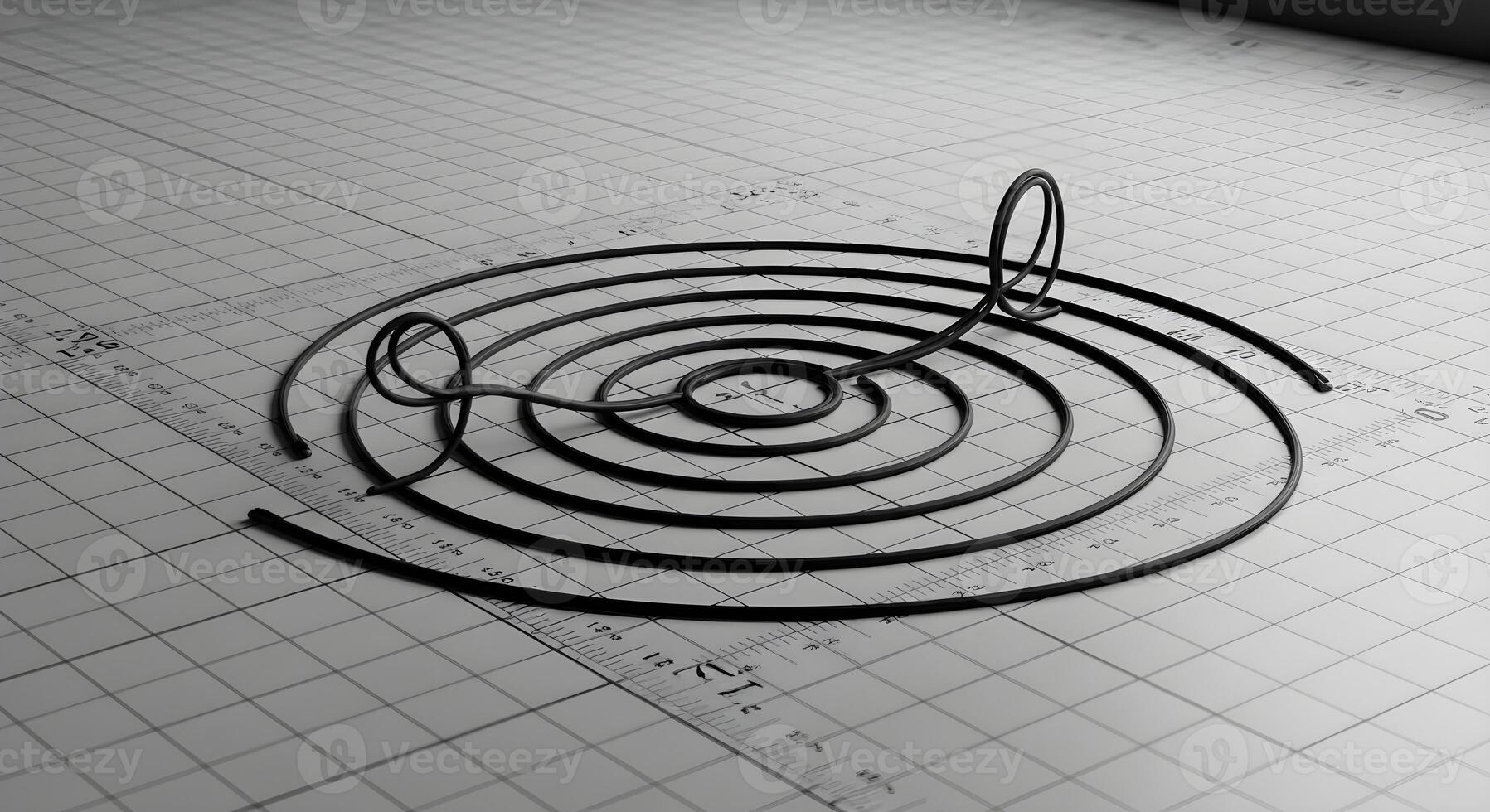 Stretching concept with elastic loop set, creating concentric curves on a grid-marked studio floor photo