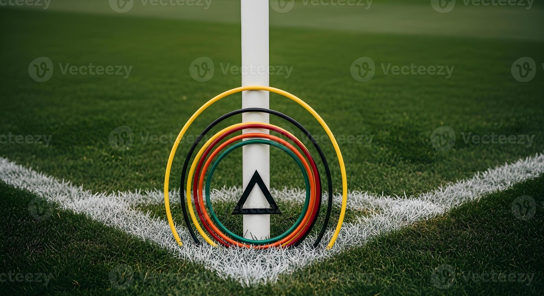 Soccer Training Concept Speed rings form concentric circles at a corner flag base, casting a sharp triangle photo