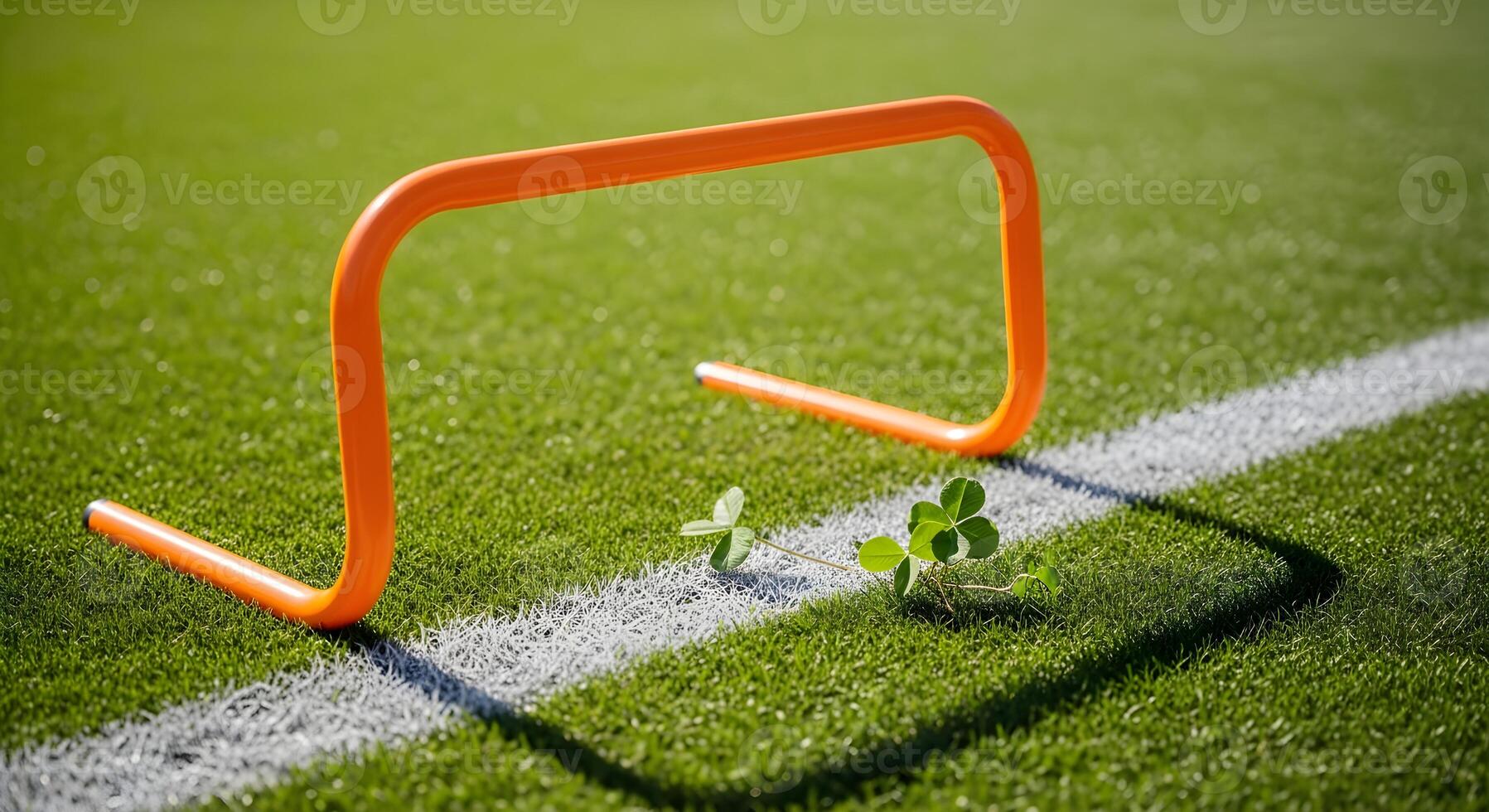 Soccer Training concept Portable mini hurdle on touchline with clean paint and clover, captured with natural light, deep focus for sharp textures and crisp edges, clean composition, copy space photo