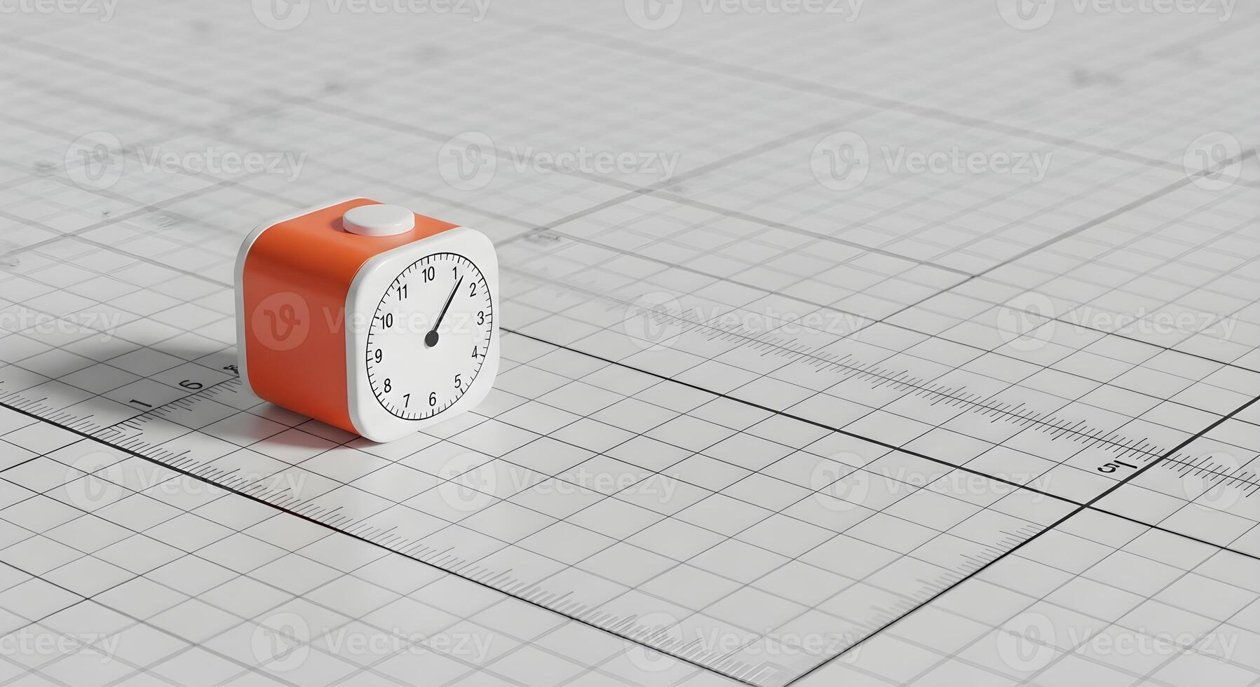 Stretching concept with a timer cube on a grid-marked studio floor. Features natural lighting, deep focus, and clean composition, suitable for fitness, health, and training. photo
