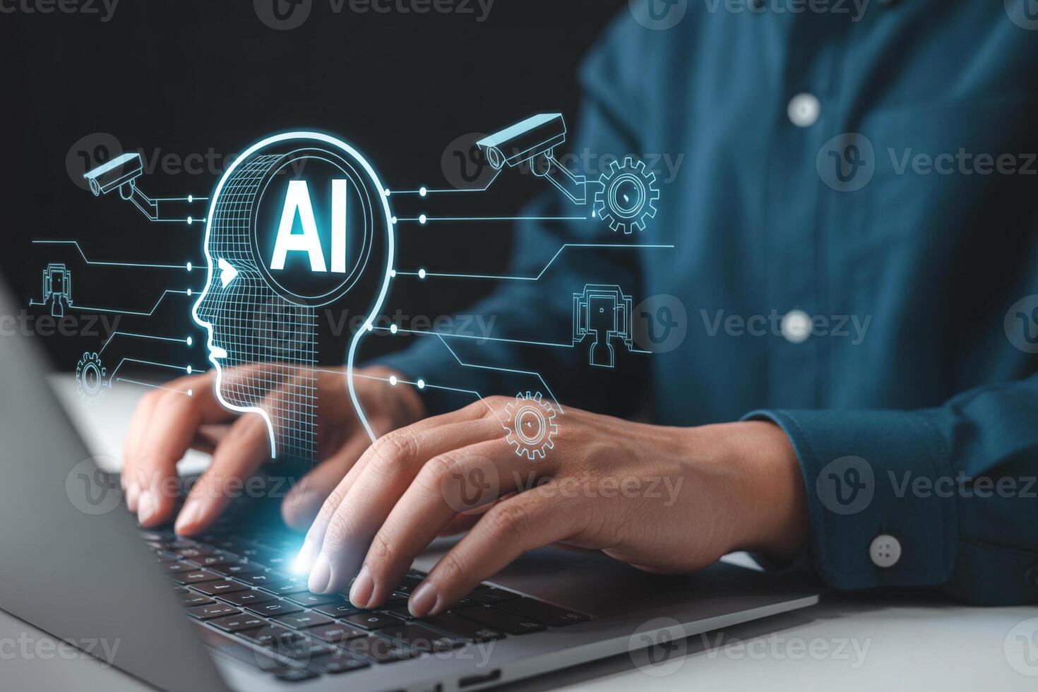 Person working on laptop with AI interface showing digital brain, security cameras, and gears, symbolizing artificial intelligence and technological innovation photo