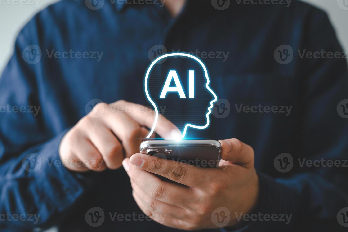 Man using smartphone to access AI technology, innovative digital future concept, modern technology, progress, development, artificial intelligence, smart device, future, network, c photo
