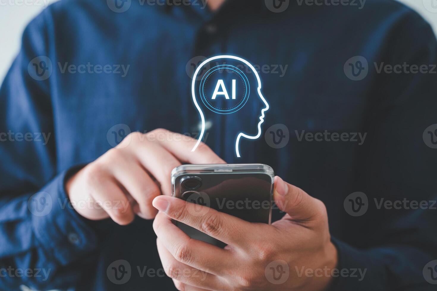 Person using smartphone to access AI technology, innovative digital future concept, modern technology and artificial intelligence, futuristic mobile interface photo