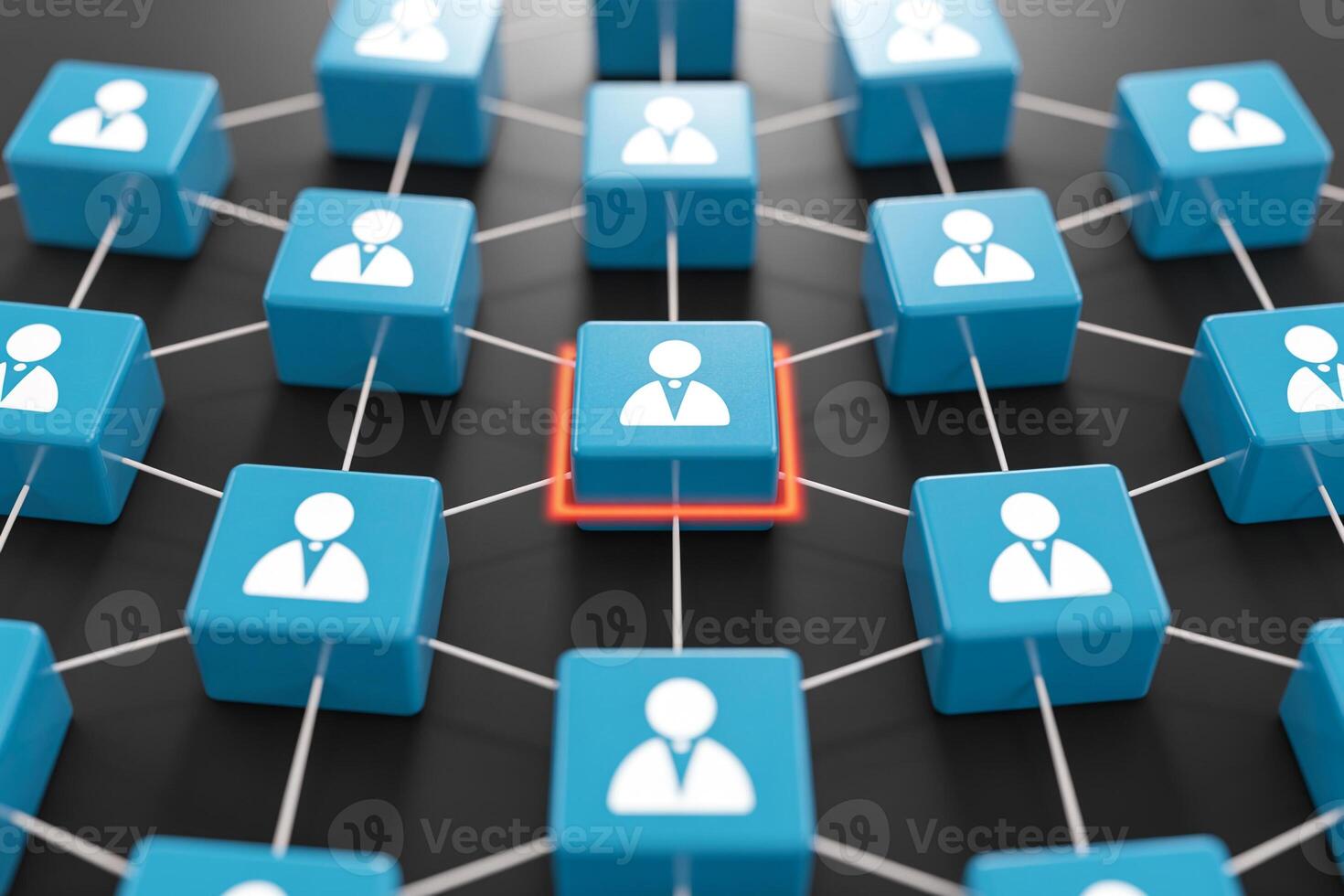 Network of blue cubes representing employees connected together, with one highlighted in red, symbolizing a key employee or a leader in a team, showing a concept of teamw photo