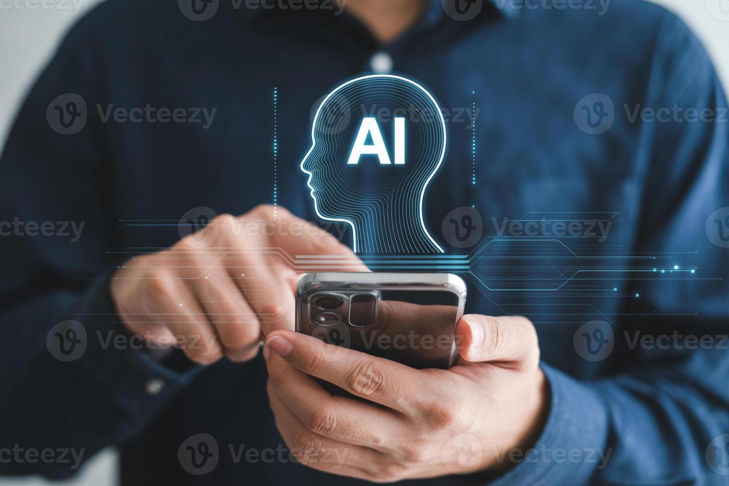 Man using smartphone to access AI technology, innovative digital future concept, futuristic interface on mobile phone screen, modern technology in hand photo