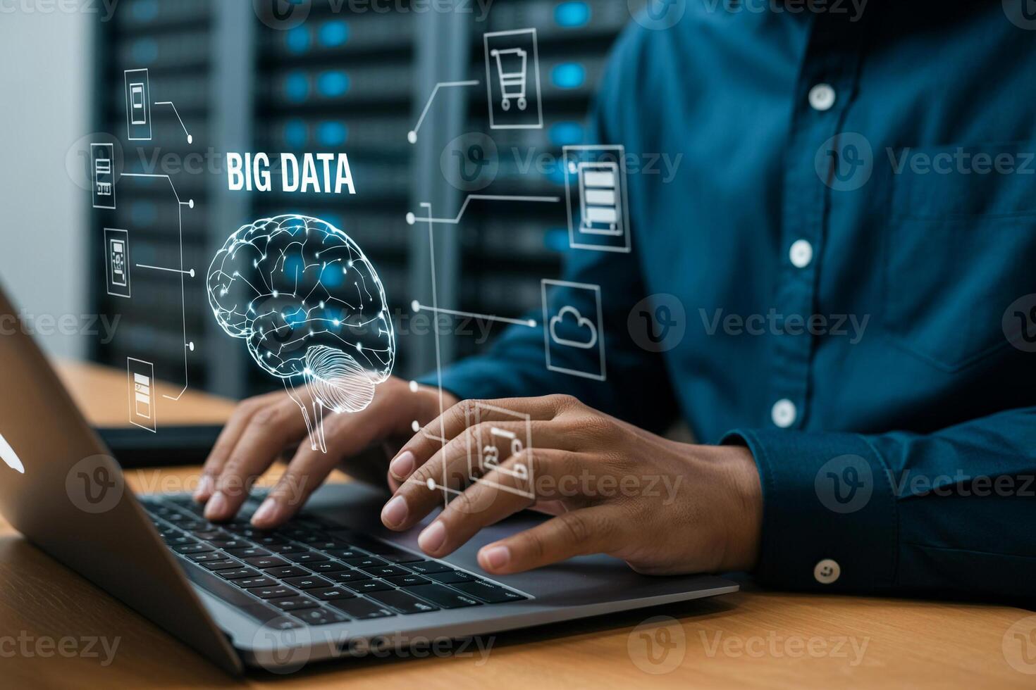 Data scientist analyzing Big Data using a laptop in a modern server room, concept of AI and machine learning photo