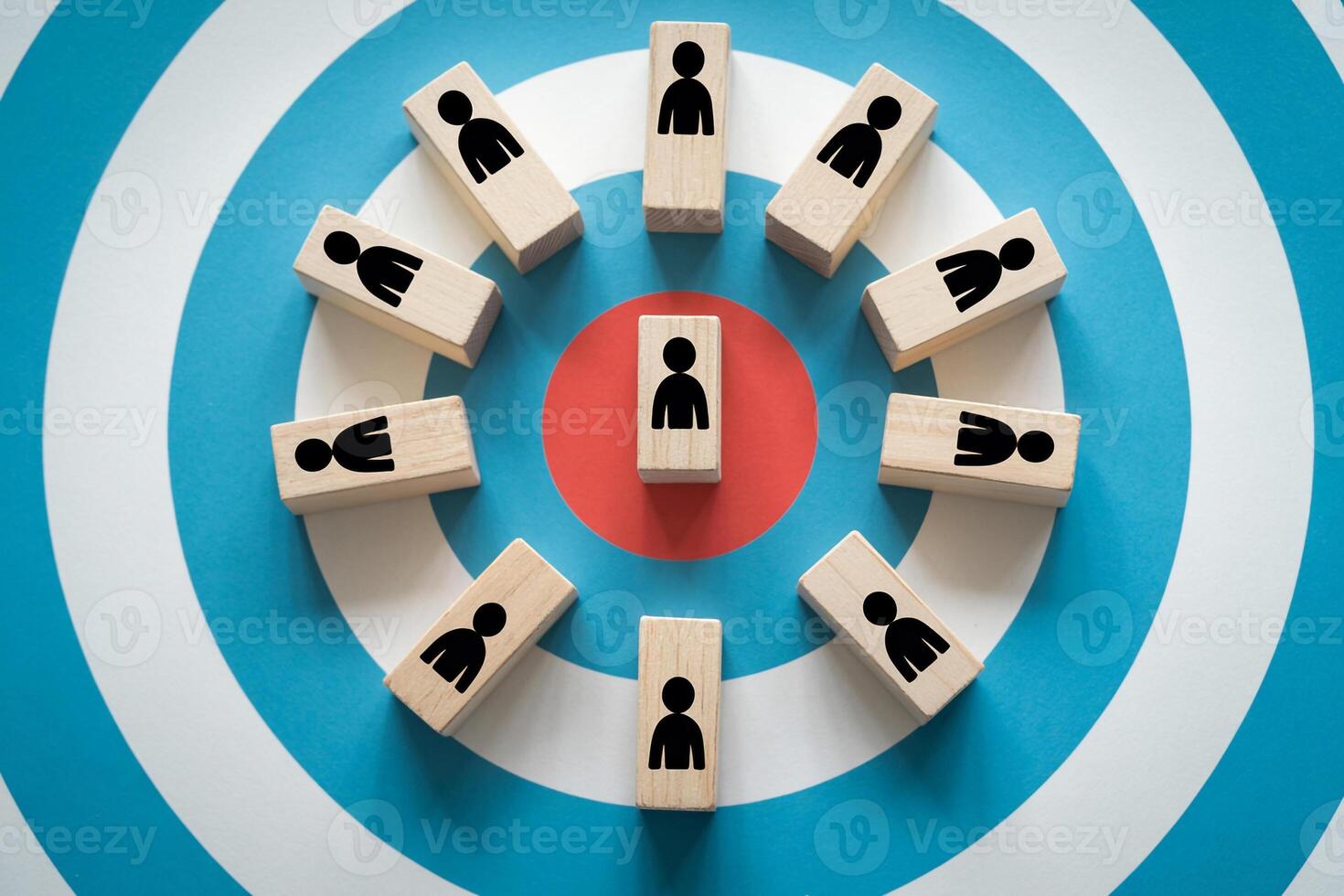 Teamwork, Targeting, and Collaboration Wooden Blocks Arranged on a Target Representing a Focused Team Working Together to Achieve a Shared Goal photo