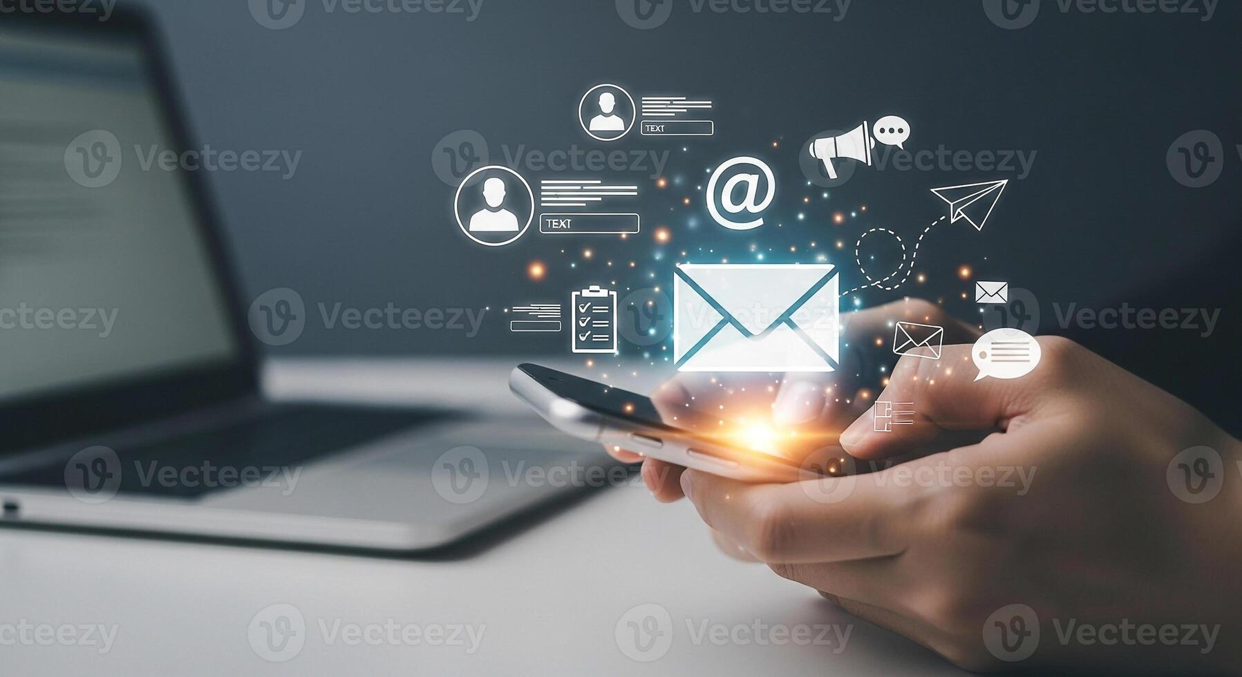 Person using smartphone to check email, manage messages, and engage in digital communication in a modern workspace, symbolizing efficient online connectivity and communication photo