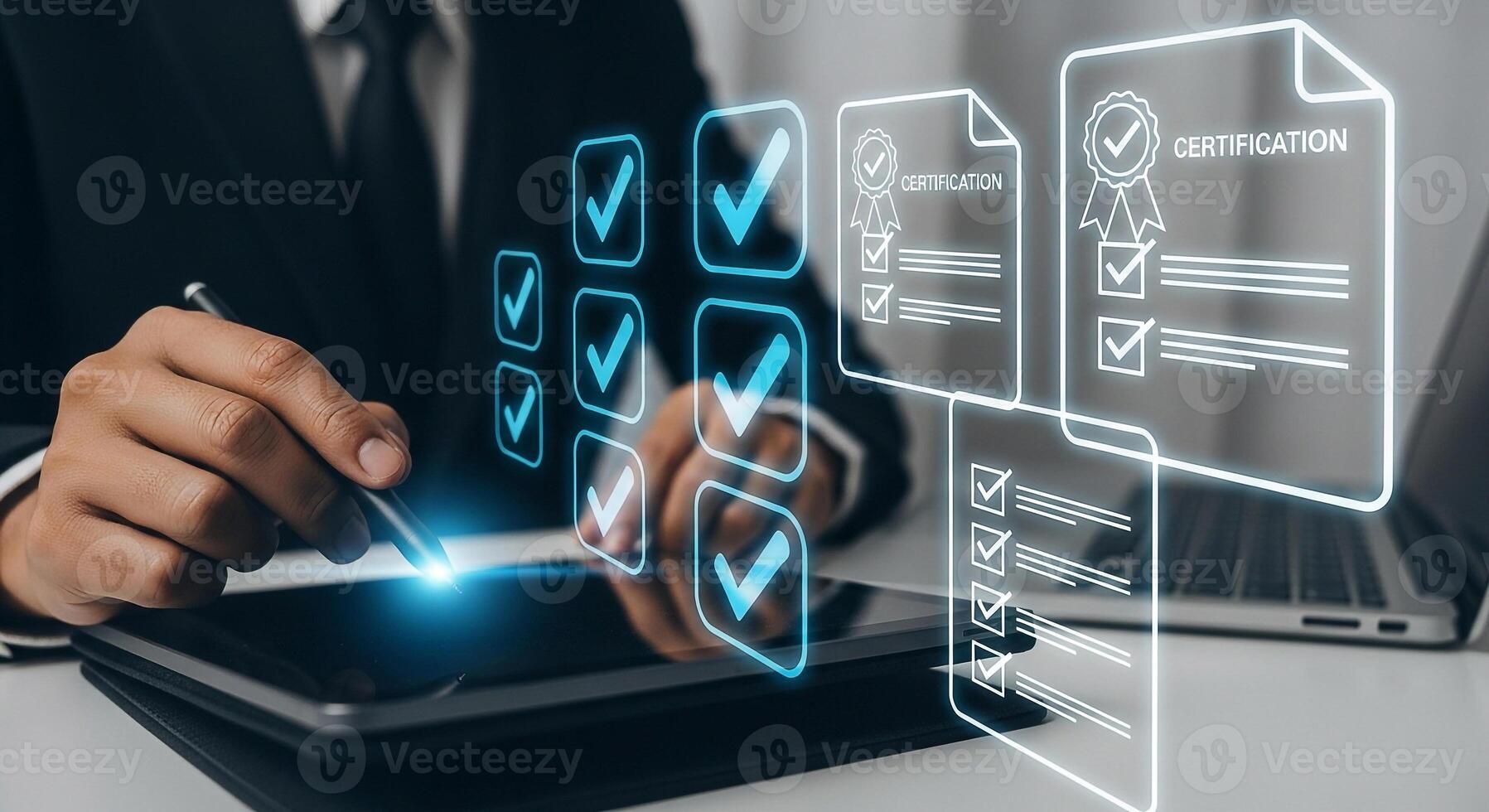 Businessperson reviewing digital checklist on tablet, completing tasks and achieving certification in modern office, concept of successful workflow and project management photo
