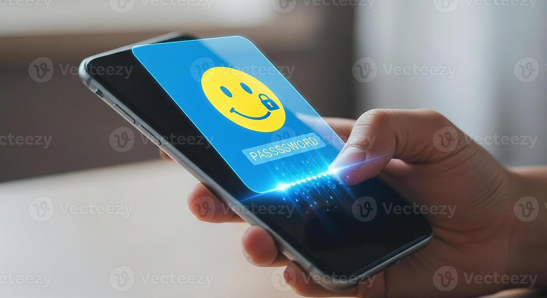 Person entering password on smartphone, happy face and lock, digital security and access concept, modern technology, simple background photo