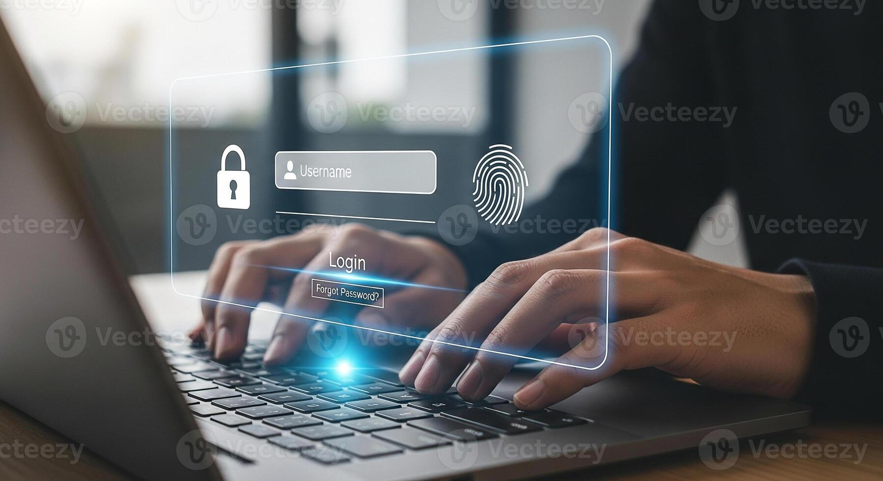 Person using biometric fingerprint authentication to login on laptop computer, secure online access, digital security concept photo
