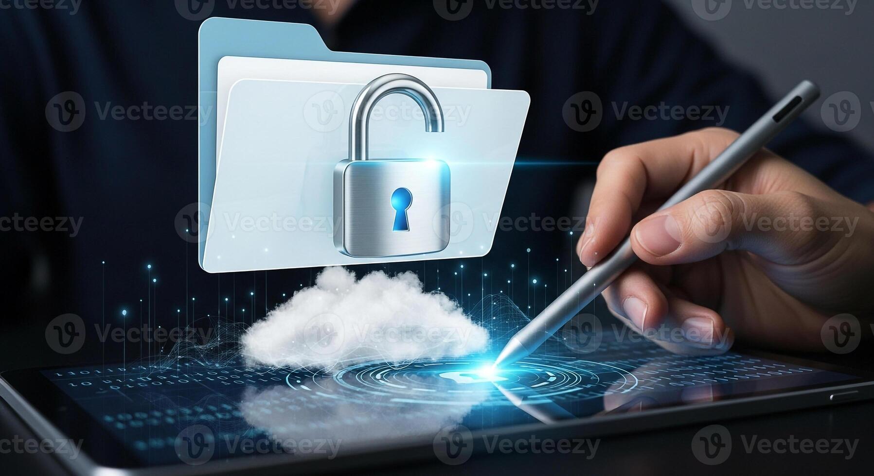 Person secures digital files on tablet using stylus, ensuring secure data protection in the cloud Cybersecurity, privacy, and data protection concept photo