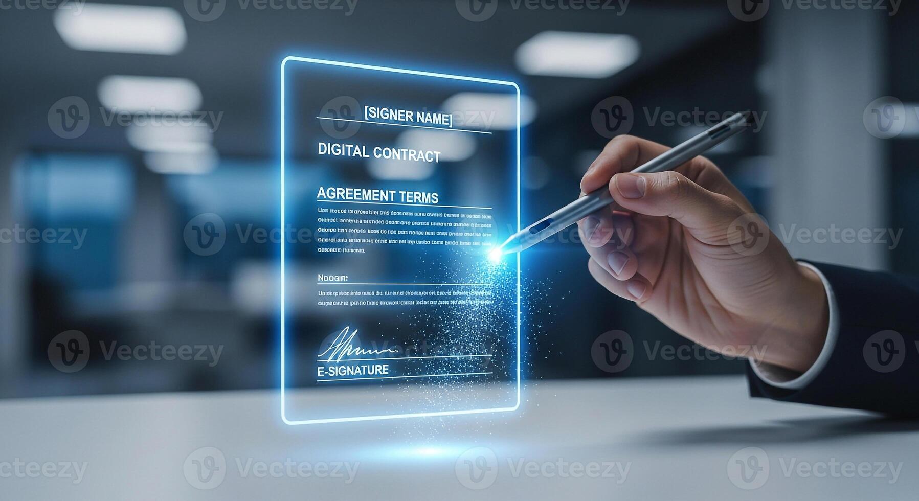 Businessperson signing a digital contract using a stylus on a holographic interface in a modern office, symbolizing secure e-commerce and modern technology photo