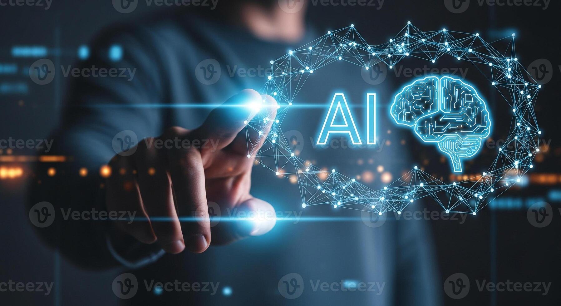 Man Interacting with Futuristic AI Brain Interface, Exploring Digital Network, Technological Innovation Concept photo