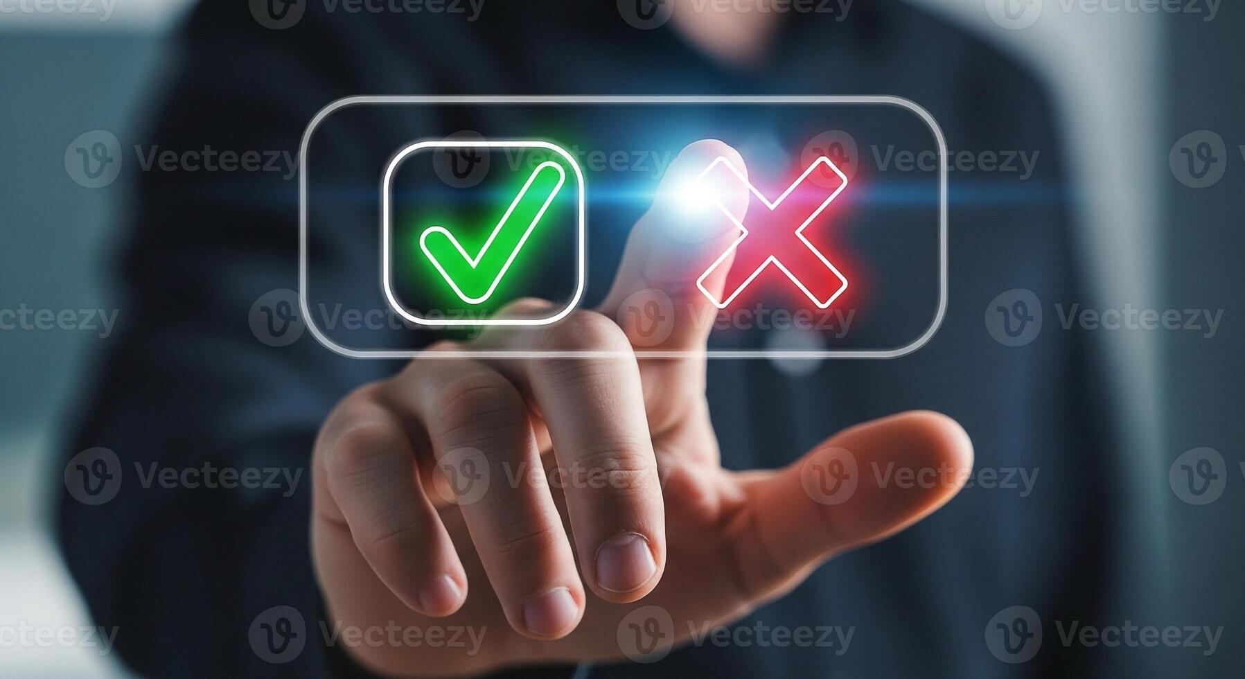 Person making a choice, selecting the right option, touching a digital screen with a green checkmark and a red cross, concept of decision making and right choice photo