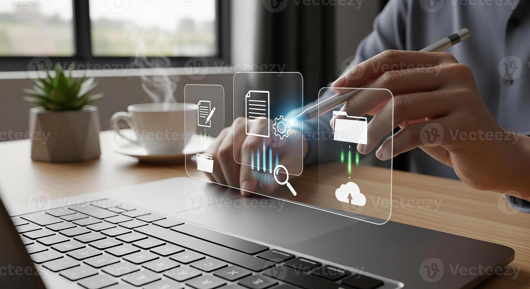 Person working on laptop, managing digital files and data, in a modern office, showcasing efficiency and technology integration photo