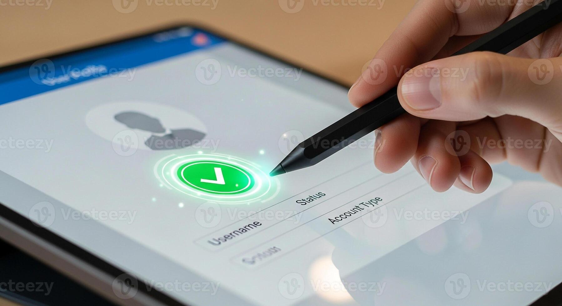 Hand using stylus to confirm digital profile on tablet screen, completing online registration process with green checkmark, signifying secure account verification and approval photo