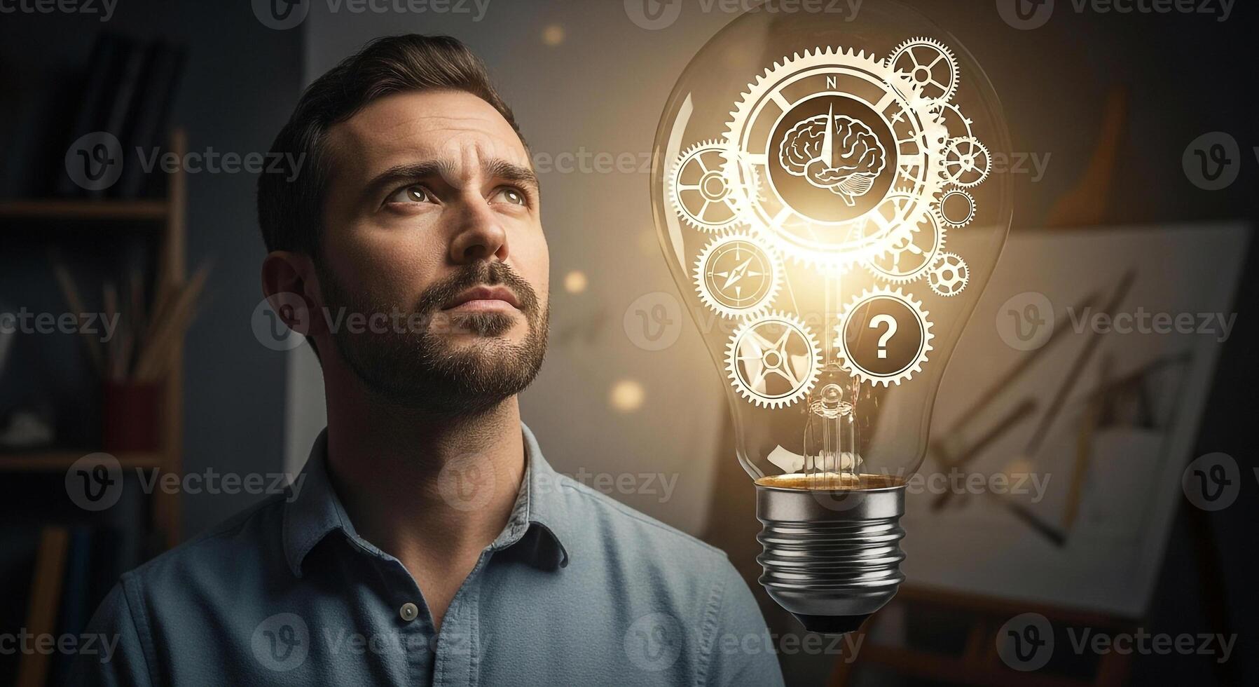 Man Contemplating a Bright Idea, Gears and Compass inside a Light Bulb, Problem Solving and Innovation Concept in a Creative Workspace photo