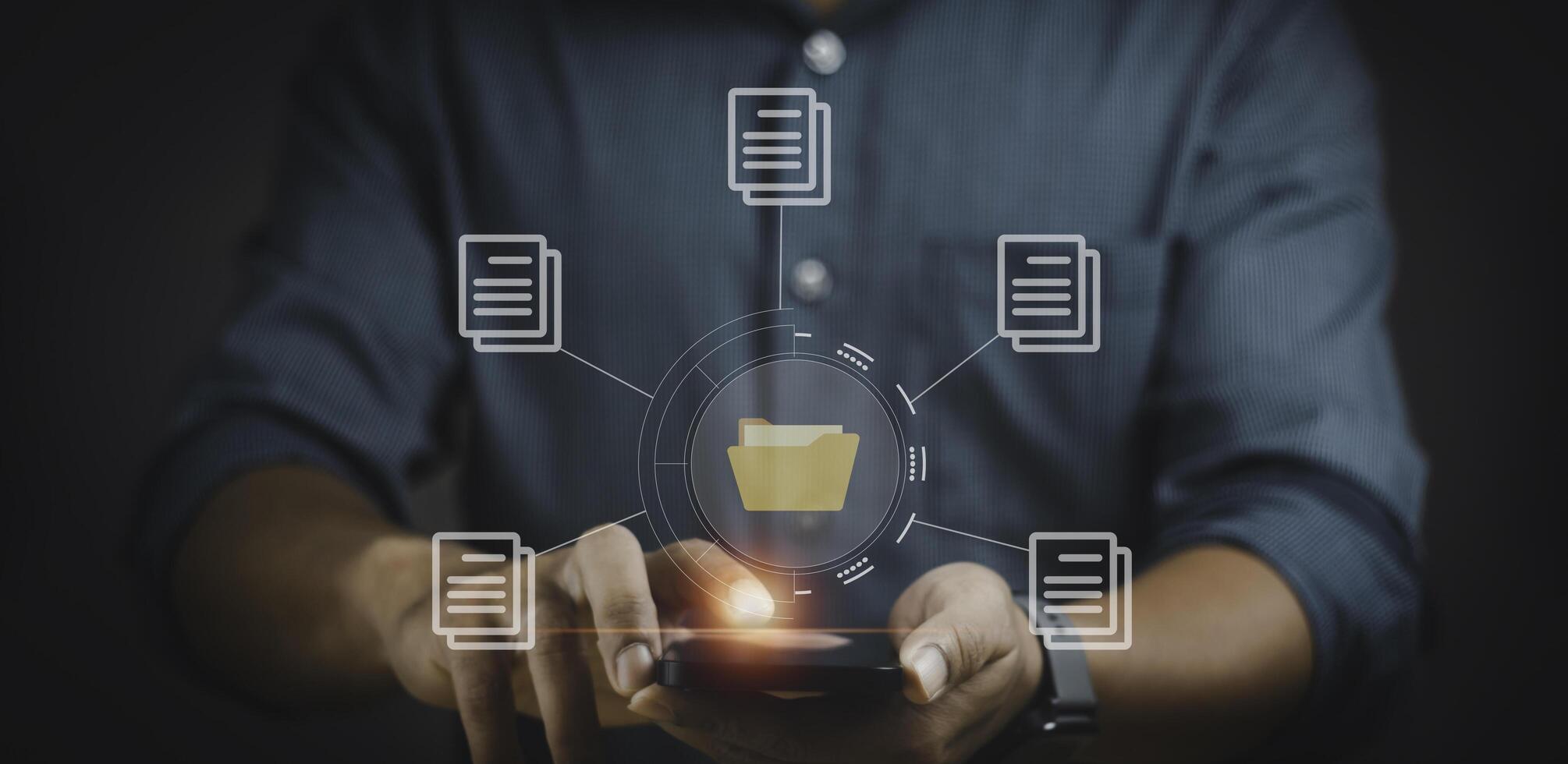 Man using smartphone with online documentation database and process automation to efficiently manage files, knowledge and documentation in enterprise. Document Management System DMS concept. photo