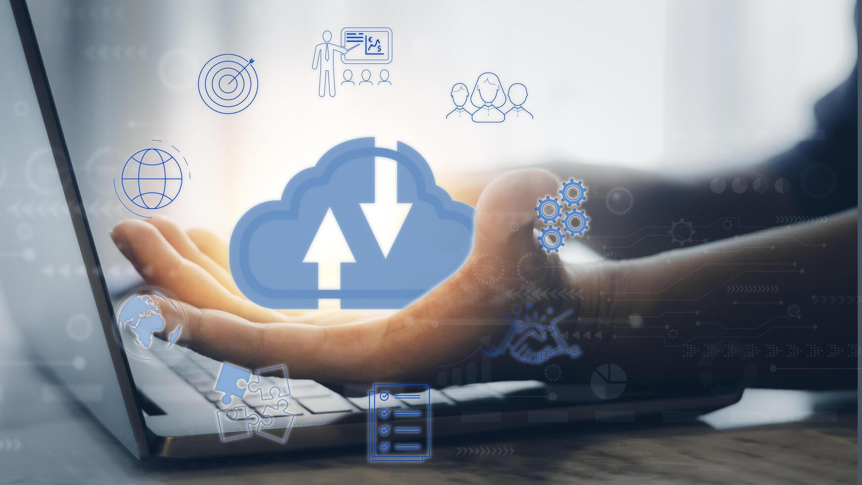 Businessman holding virtual cloud with internet connection. Business global internet connection application technology and digital marketing, Financial and banking, Digital link tech, big data concept. photo