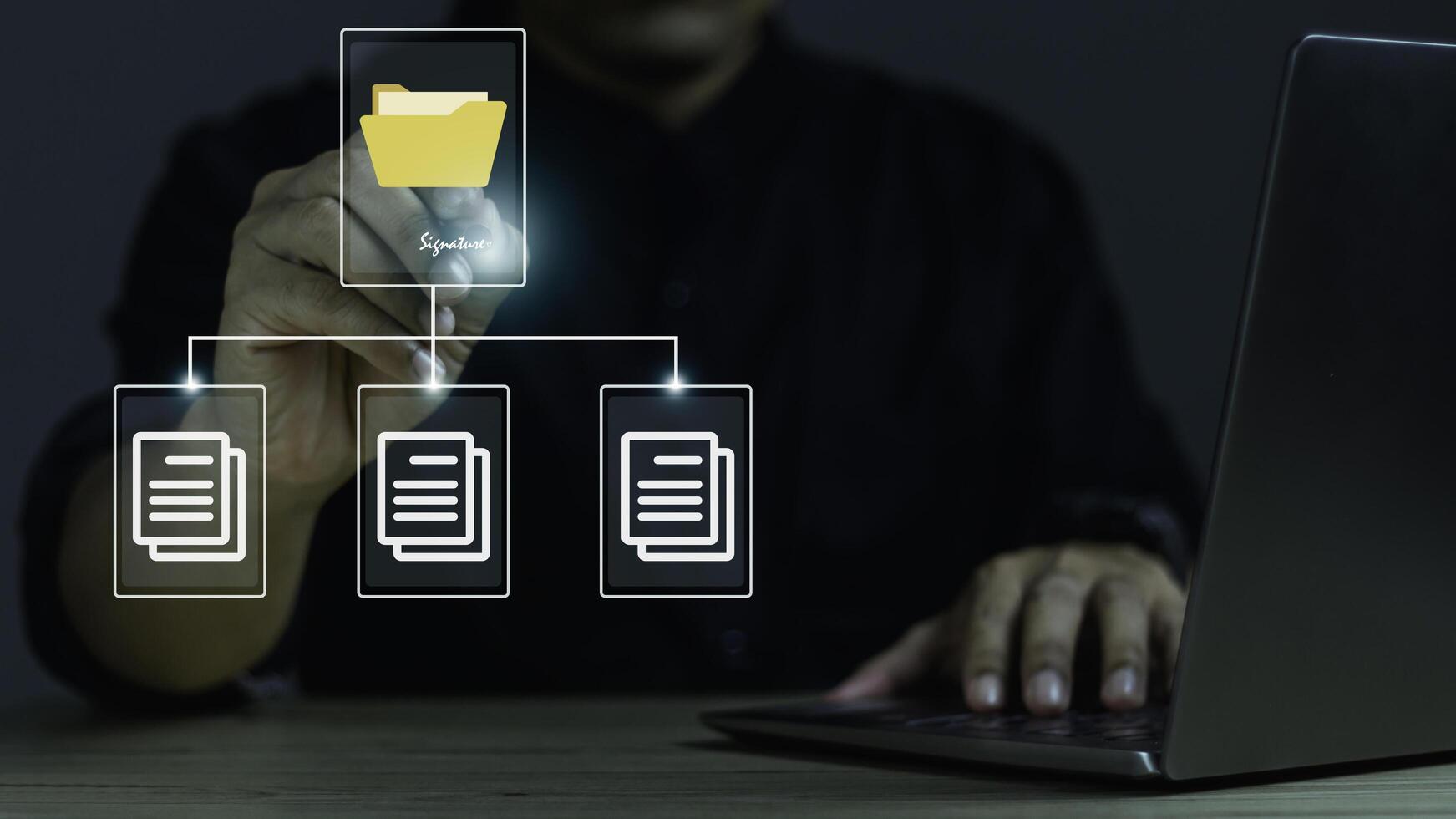 IT staff working with Document Management System DMS, online documentation database and process automation to efficiently manage files, Corporate business technology and digital signature concept. photo