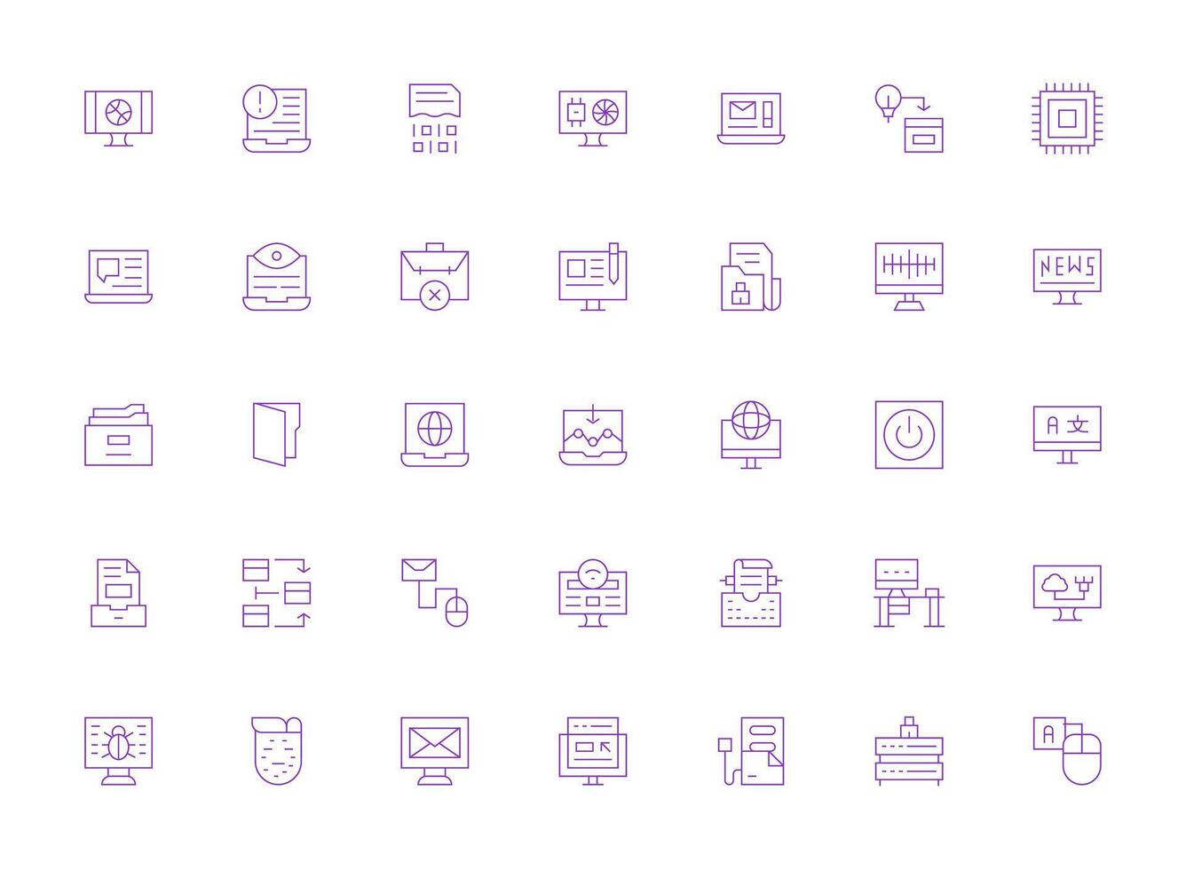 Computer Icon Set with 35 Light Line Graphics Simple Icons for Interface and Wireframes vector