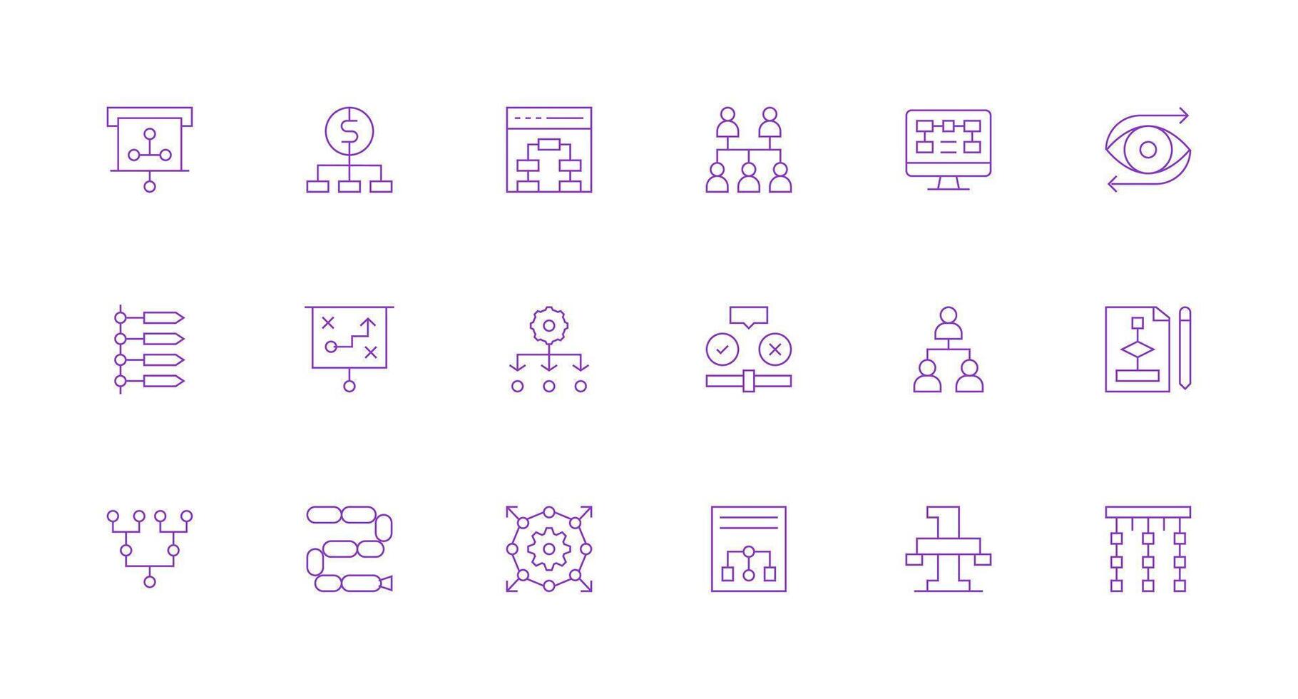 Flowchart Design Icons featuring 18 in Minimal Line Style Flat Icon Set vector