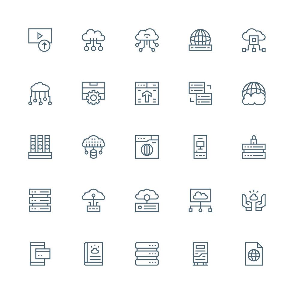 25 Medium Stroke Outline Style Icons from Hosting Collection Complete Icon Set for Mobile Apps vector