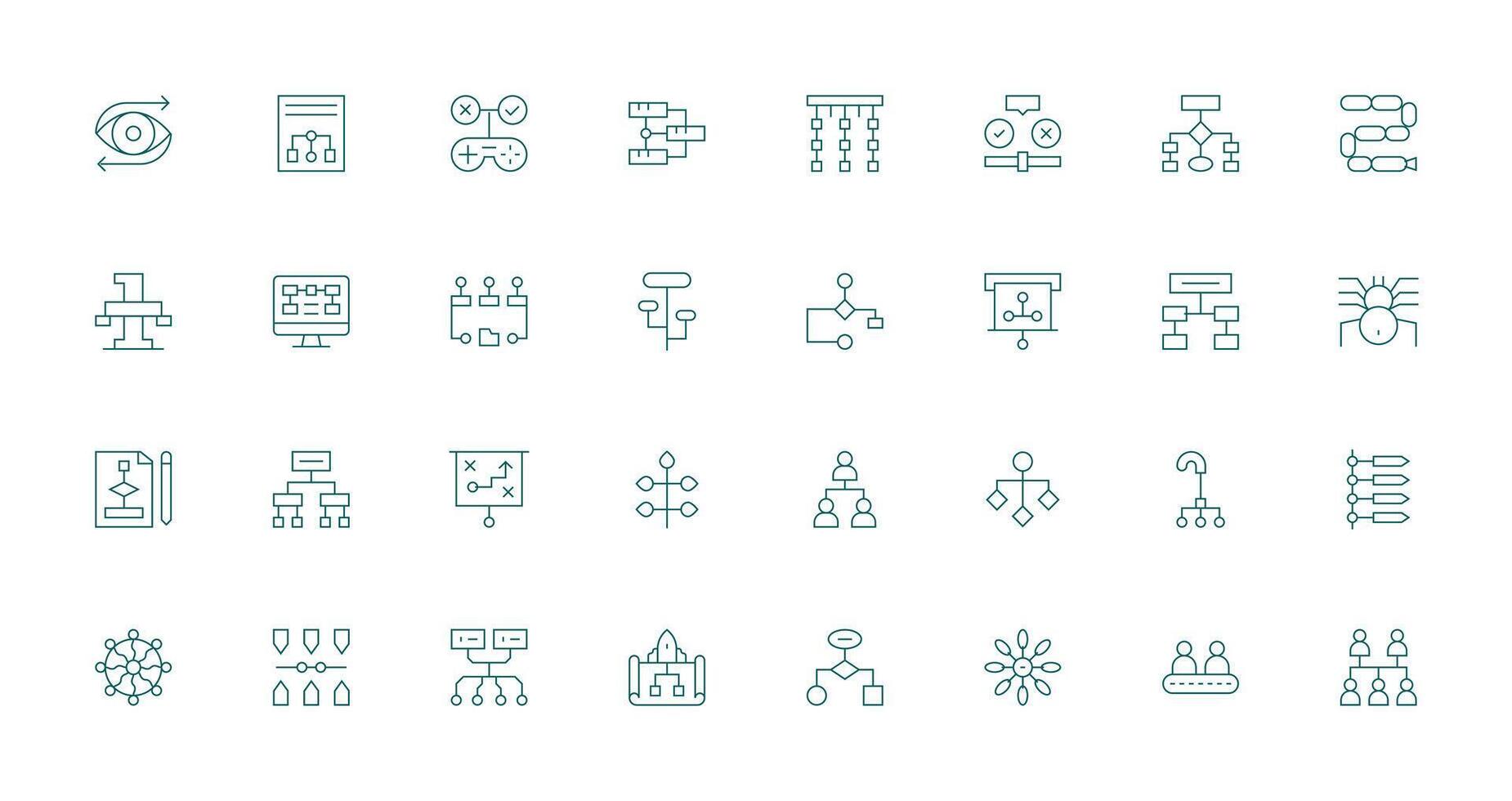 Flowchart featuring 32 Icons in Thin Line Design Icon Set for Web vector