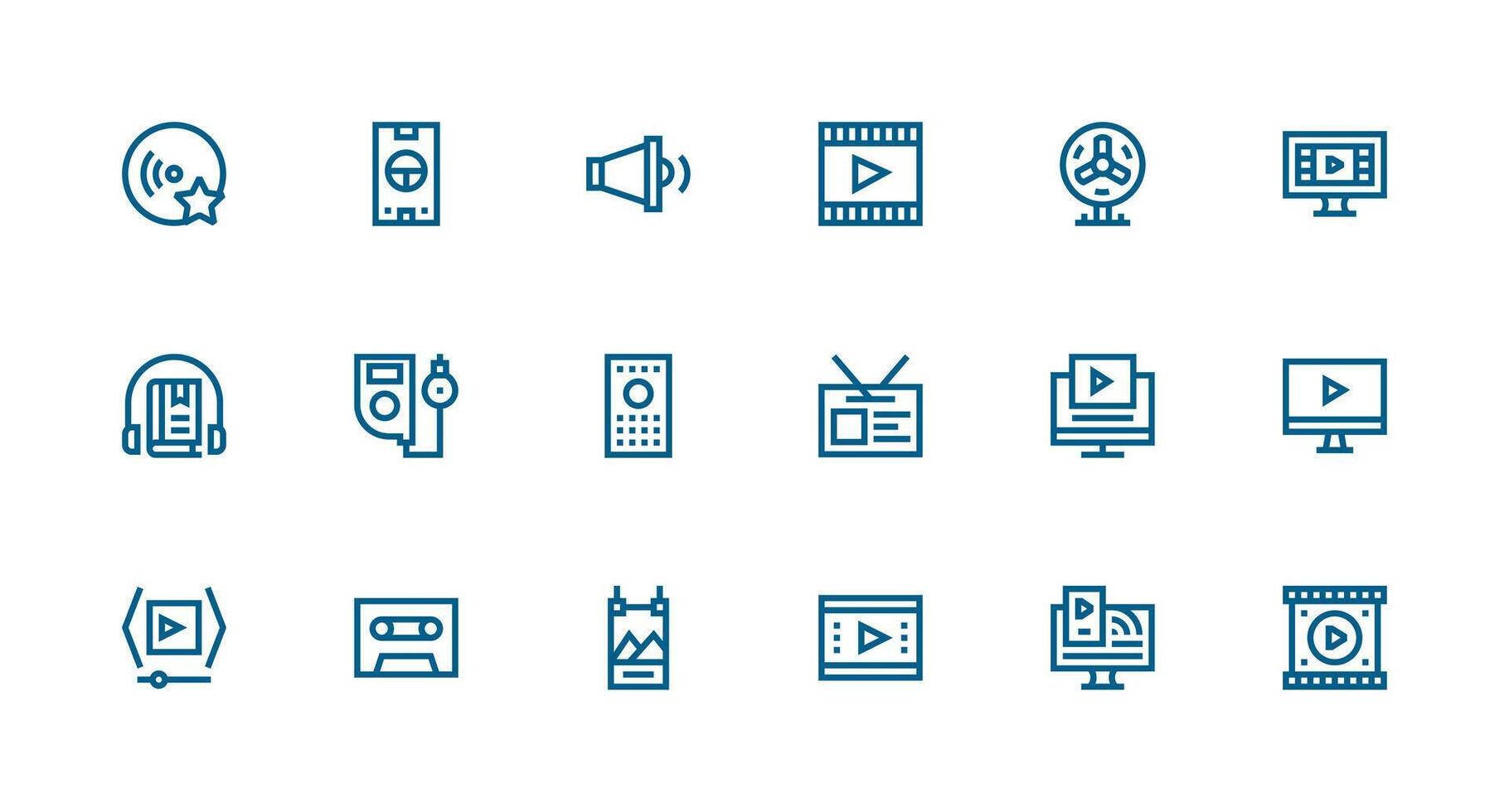 Media Player Design Icons featuring 18 in Strong Stroke Line Style Sharp Icons for Presentations vector