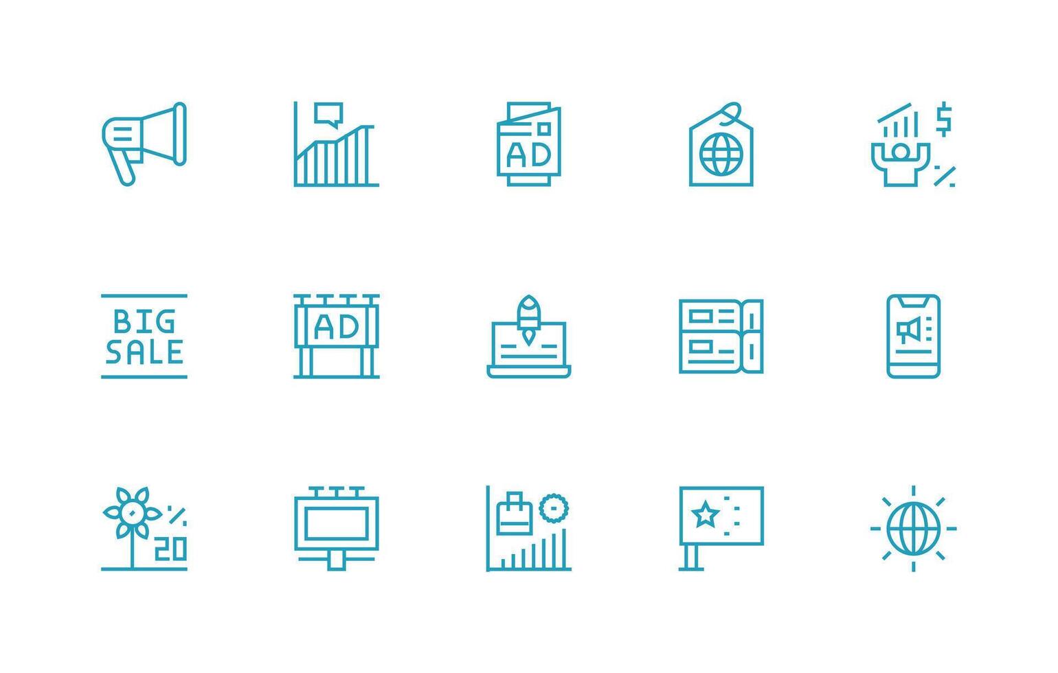 Marketing Design Icons featuring 15 in Regular Line Style Pixel Perfect Icons for Modern Apps vector