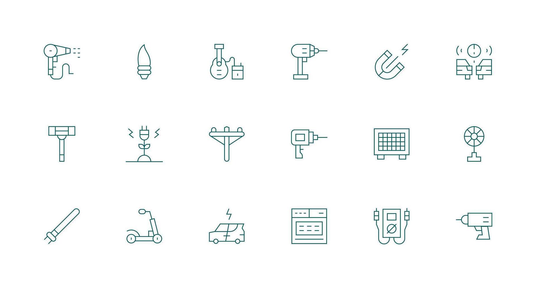 Electric Design Icons featuring 18 in Minimal Line Style Multi-Style Icons for Creative Projects vector