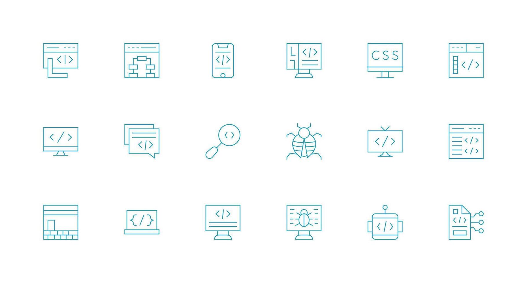 18 Minimal Line Style Icons from Coding Collection Icon Pack for Various Themes vector
