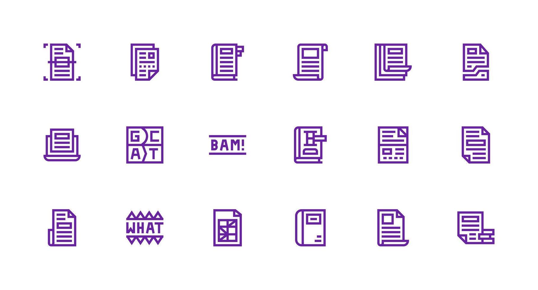 Word Design Icons featuring 18 in Strong Stroke Line Style Core Icon Collection for Daily Tasks vector