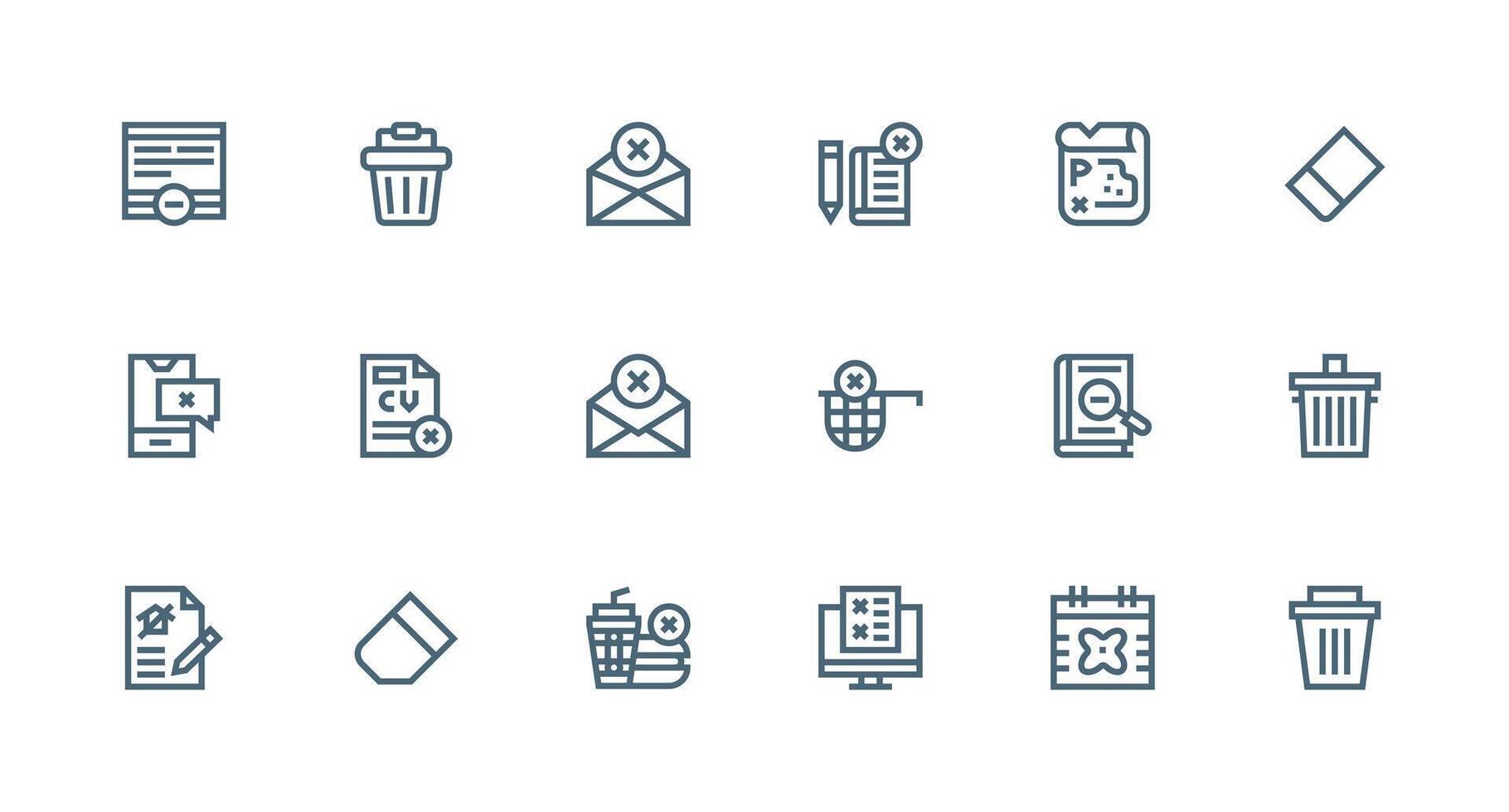 Delete Design Icons featuring 18 in Strong Stroke Line Style Balanced Icon Set for Functional Design vector