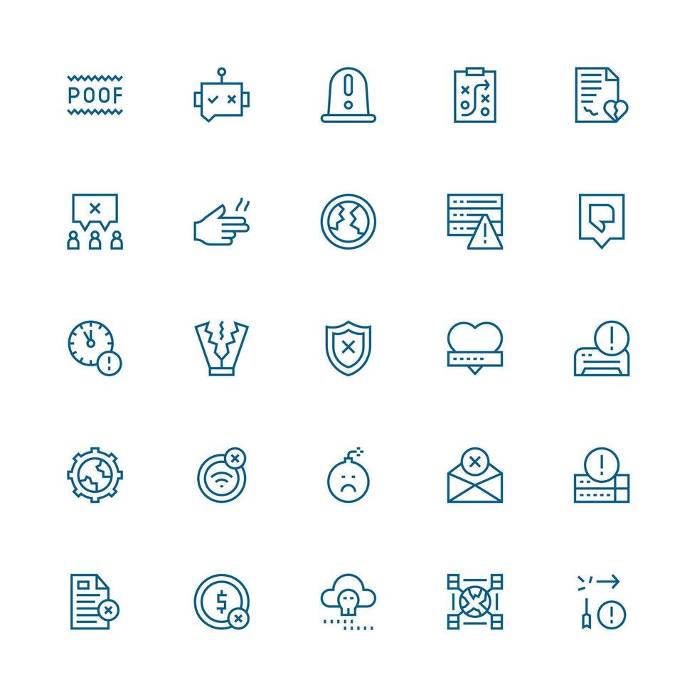 Failure Design Icons featuring 25 in Medium Stroke Outline Style Icon Set for Web vector