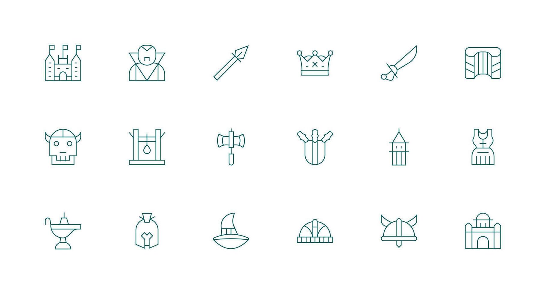 Medieval Set with 18 Minimal Line Icons Essential Icon Collection vector