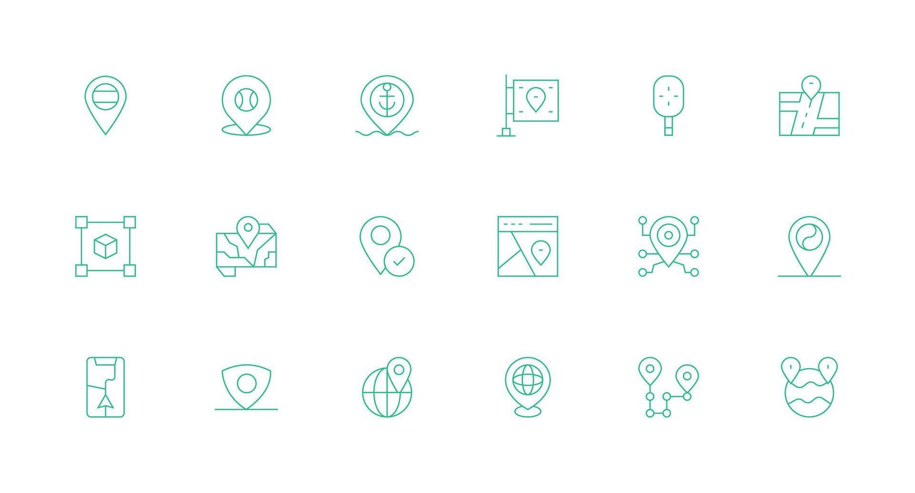 Coordinates Icon Set with 18 Minimal Line Graphics Organized Pack for Project Assets vector