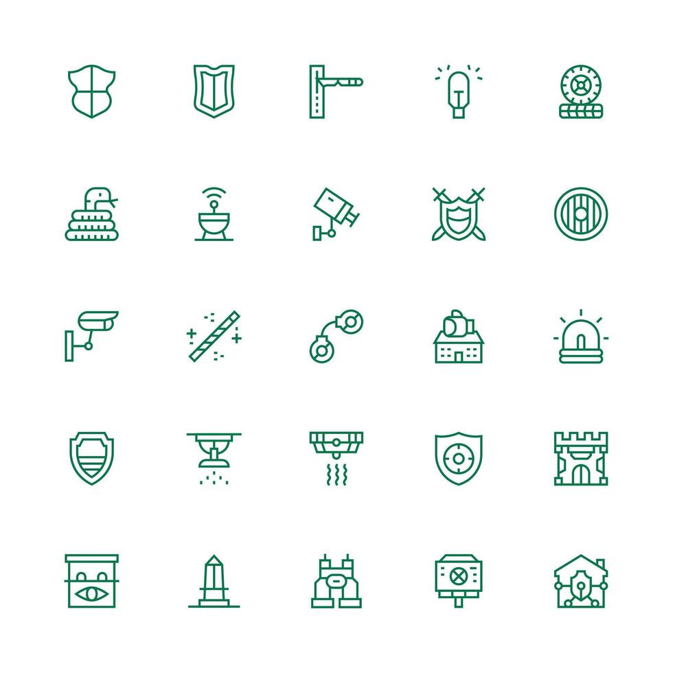 Security System Design Icons featuring 25 in Medium Stroke Outline Style Organized Pack for Project Assets vector