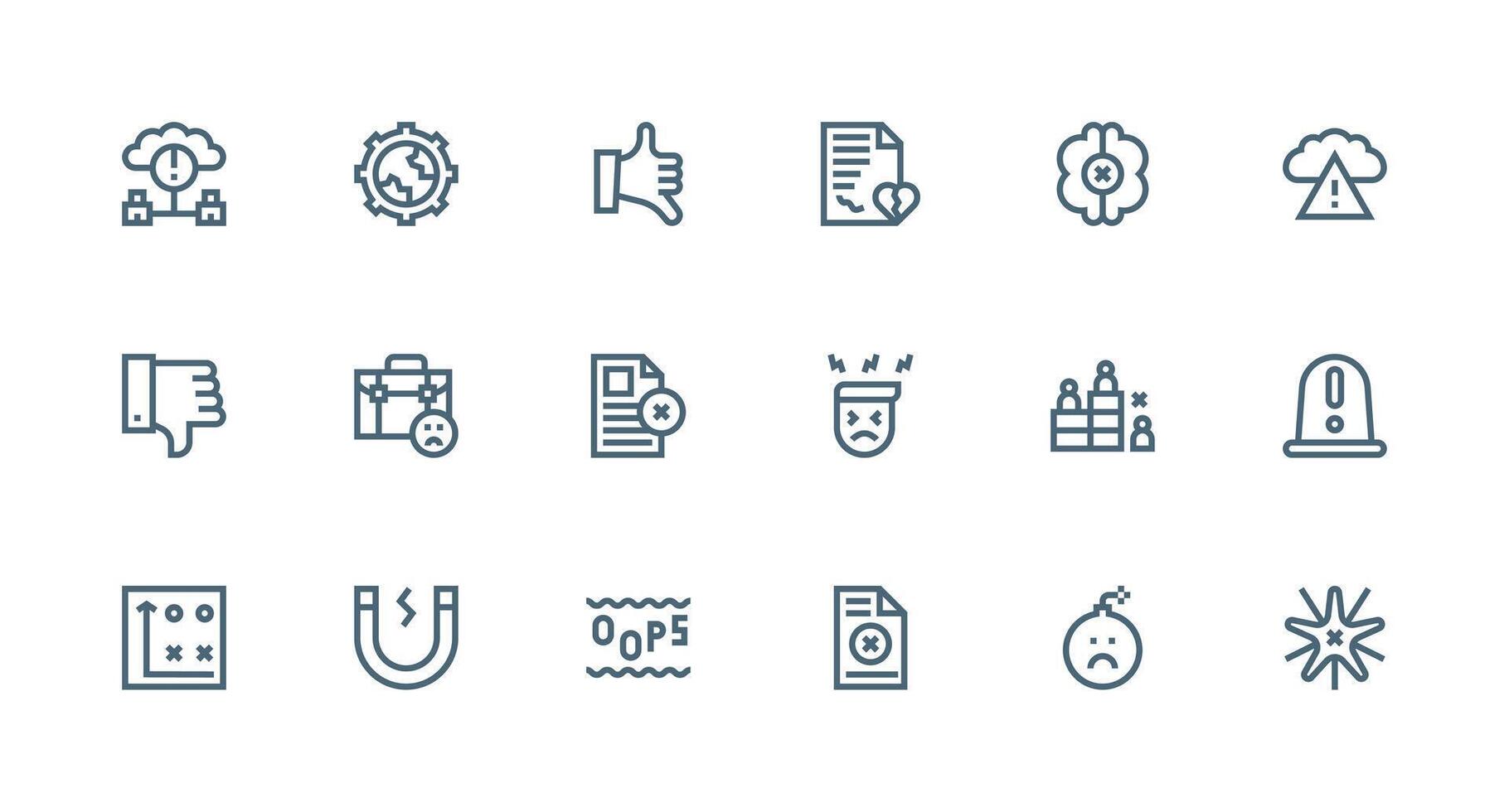 Failure Visual Pack containing 18 Strong Stroke Line Icons Clear and Concise Icon Set Collection vector