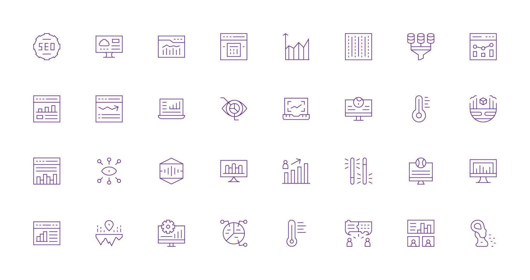 Analytics featuring 32 Icons in Thin Line Design Responsive Icon Set for Flexible Layouts vector