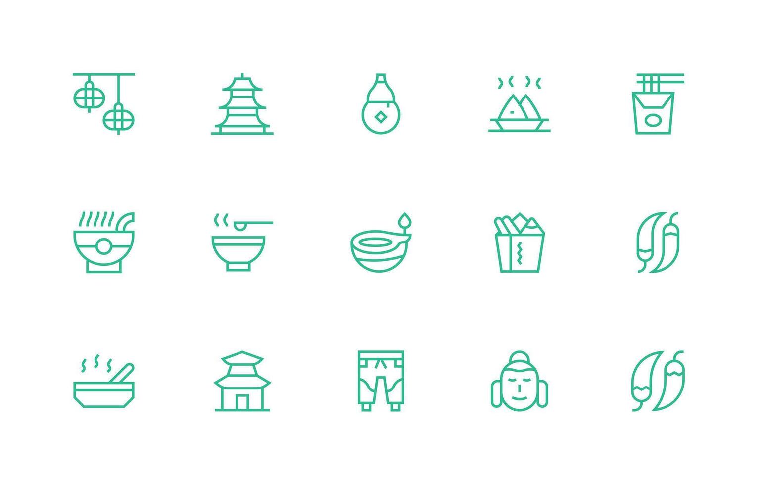 Asian Set with 15 Regular Line Icons Fully Editable Icon Set for Web vector