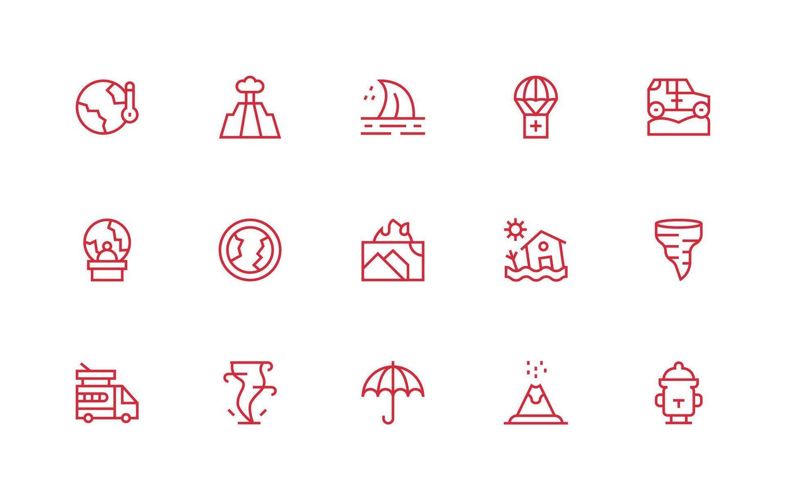 Disaster Icon Set with 15 Regular Line Graphics Display Icon Pack vector