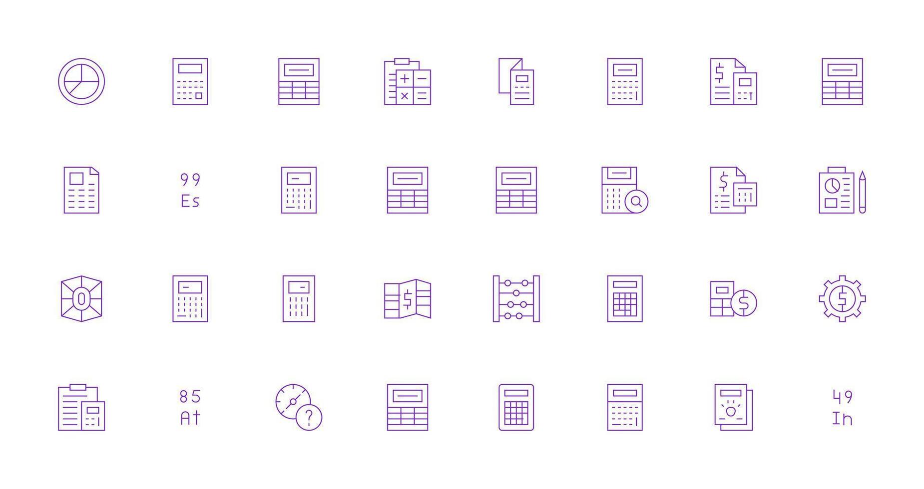 Calculation Visual Pack containing 32 Thin Line Icons Responsive Icon Set for Flexible Layouts vector