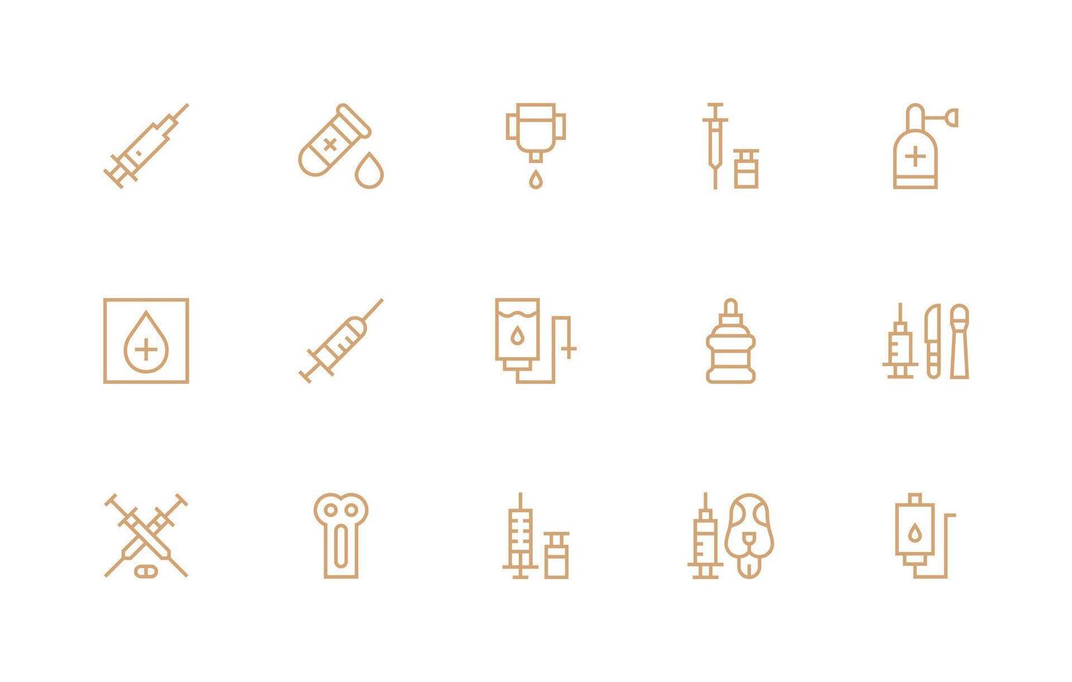Injection Design Icons featuring 15 in Regular Line Style Clean Icon Collection for Web Use vector