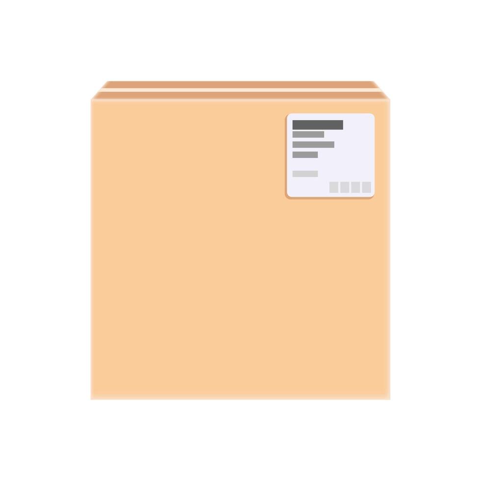 A cardboard box with a white label on it The box is empty and has a white background vector