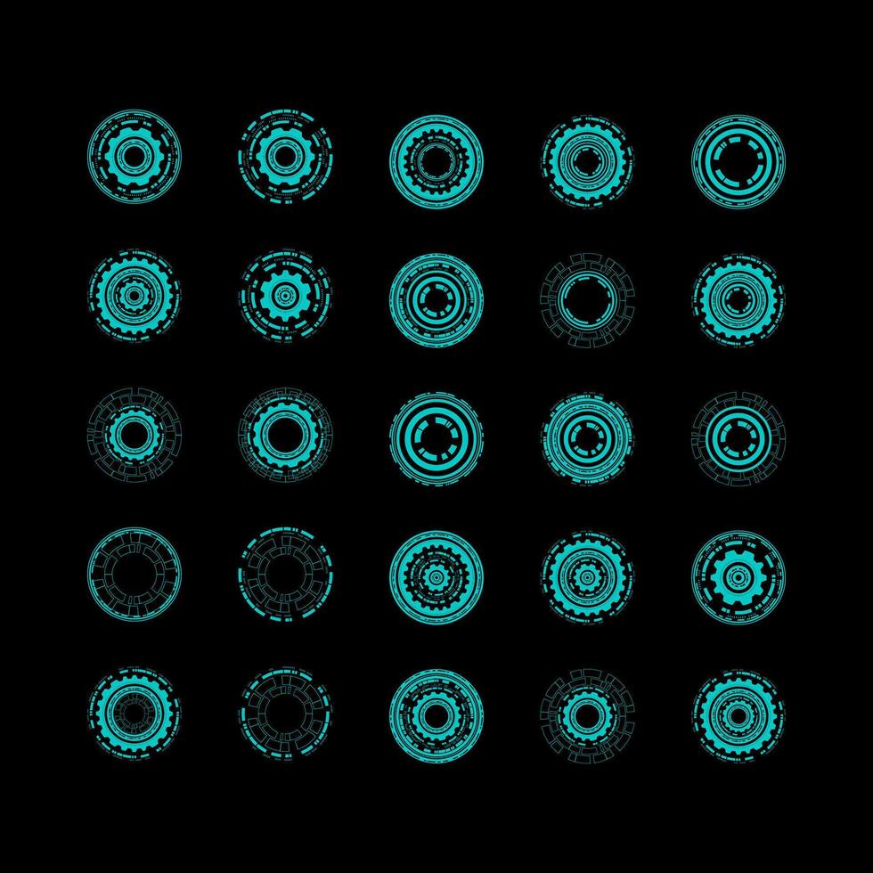 A set of blue circles with a metallic look. The circles are arranged in a grid pattern. The circles are all different sizes and are spaced evenly apart. Scene is futuristic and modern. vector